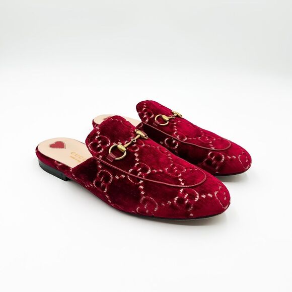 Gucci Princetown Mules Velvet Red GG Horsebit Slipper Size 37.5, 7.5 - Picture 1 of 14